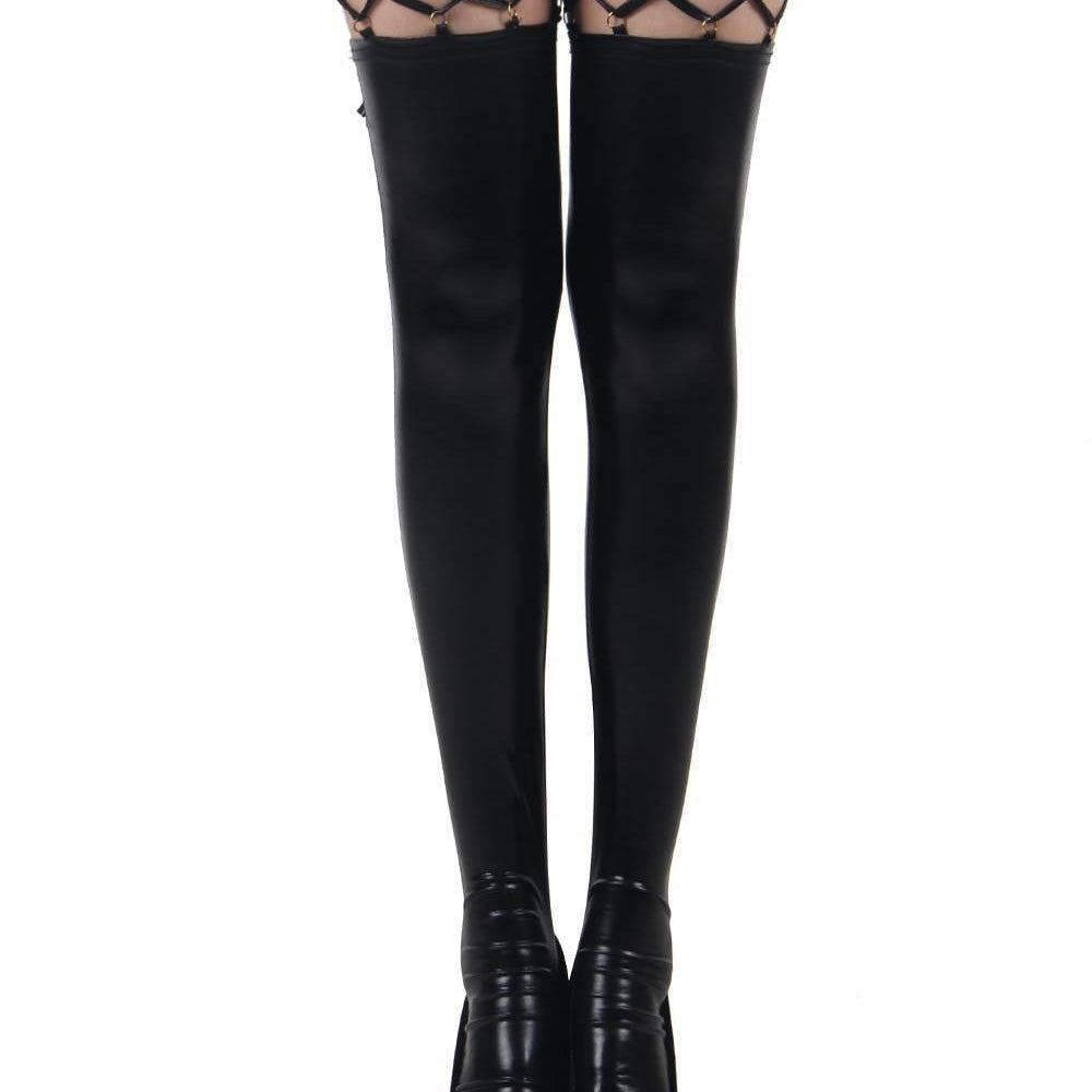 Black Faux Leather Stockings - One Size Fits Most - Sexdoll.Sex