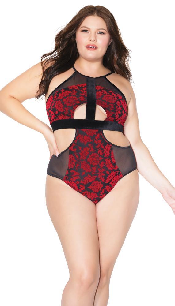 Elegant Floral Embroidered And Mesh Cutout Halter Teddy - Sexdoll.Sex
