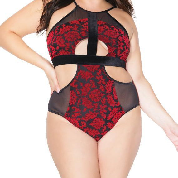 Elegant Floral Embroidered And Mesh Cutout Halter Teddy - Sexdoll.Sex
