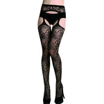 Floral Black Gartered Stockings - One Size Fits Most - Sexdoll.Sex