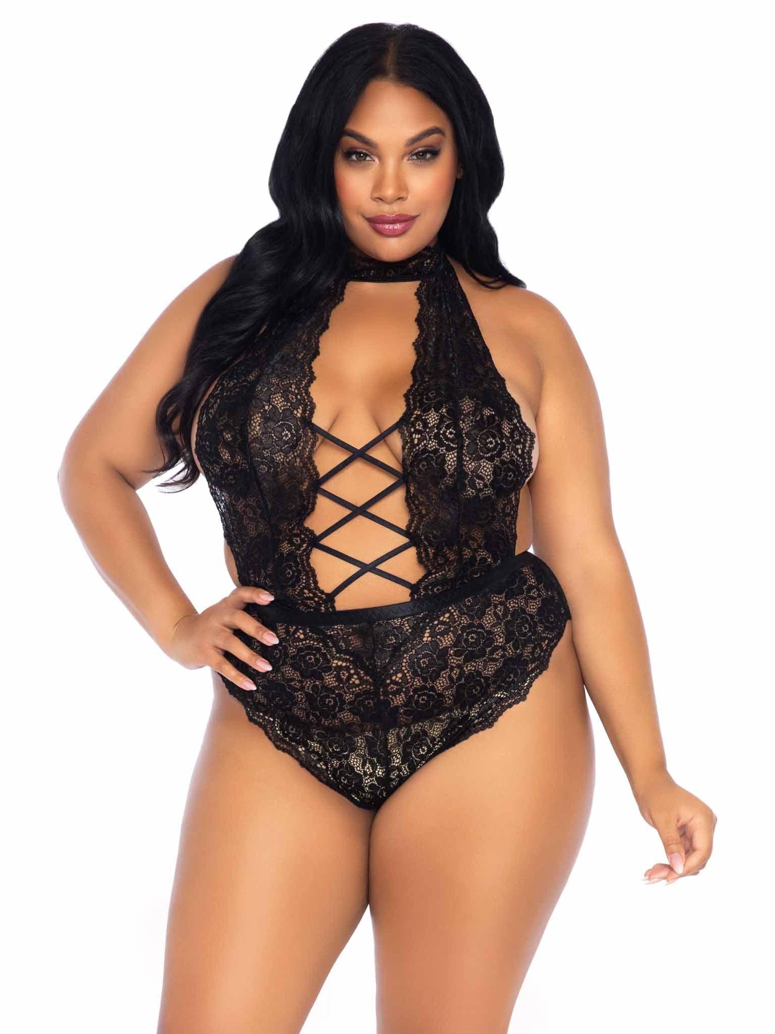 High Neck Floral Lace Crotchless Teddy - Sexdoll.Sex