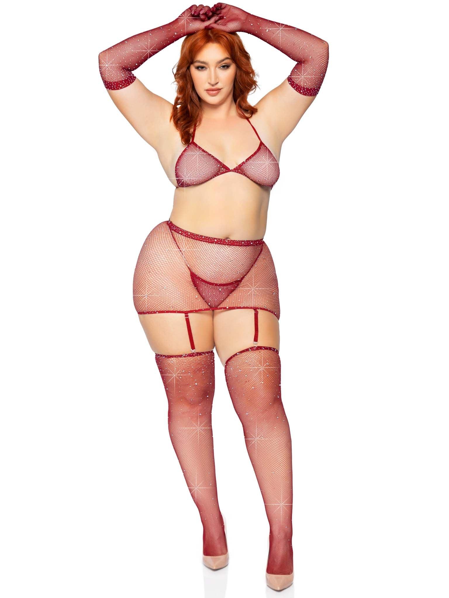 Rhinestone Fishnet 5-Piece Lingerie Set - Multiple Colors Available! - Sexdoll.Sex